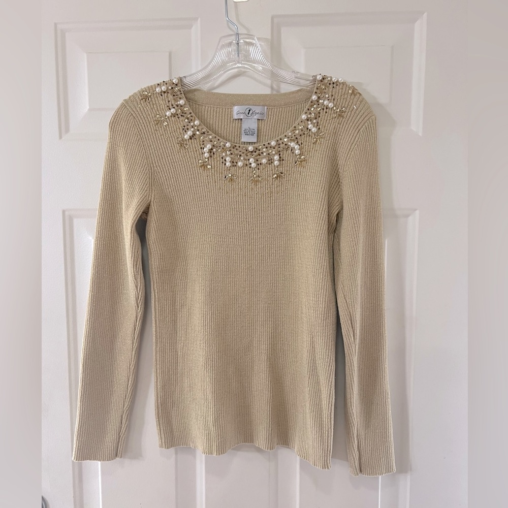 ONCE 1 AGAIN Gold Scalloped Beaded Neckline Long Sleeve Ribbed Knit Sweater L